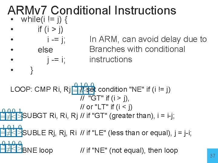 ARMv 7 Conditional Instructions • while(i != j) { • if (i > j)