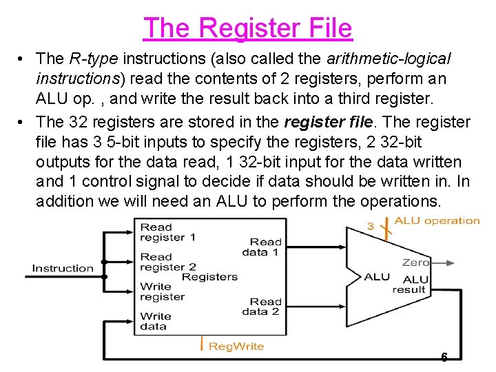 The Register File • The R-type instructions (also called the arithmetic-logical instructions) read the