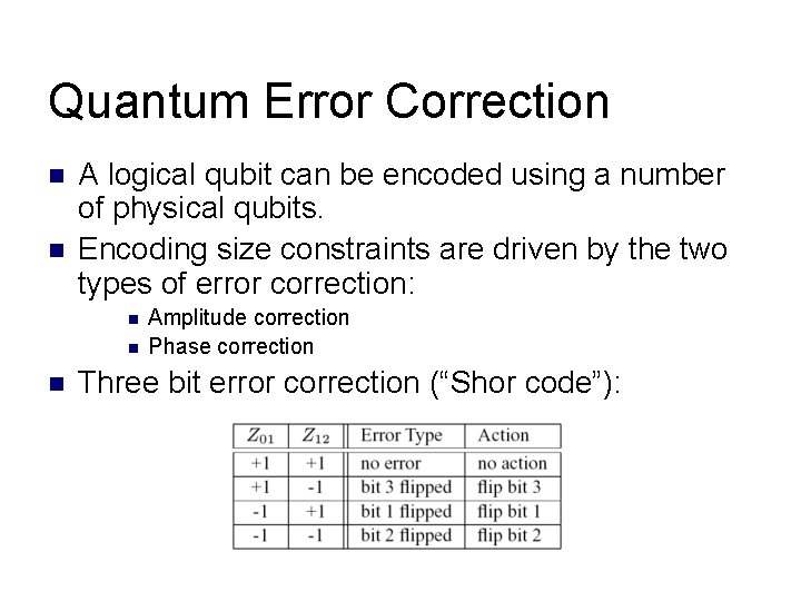 Quantum Error Correction n n A logical qubit can be encoded using a number
