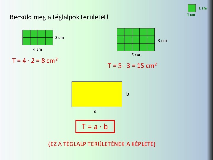 1 cm Becsüld meg a téglalpok területét! 2 cm 3 cm 4 cm 5