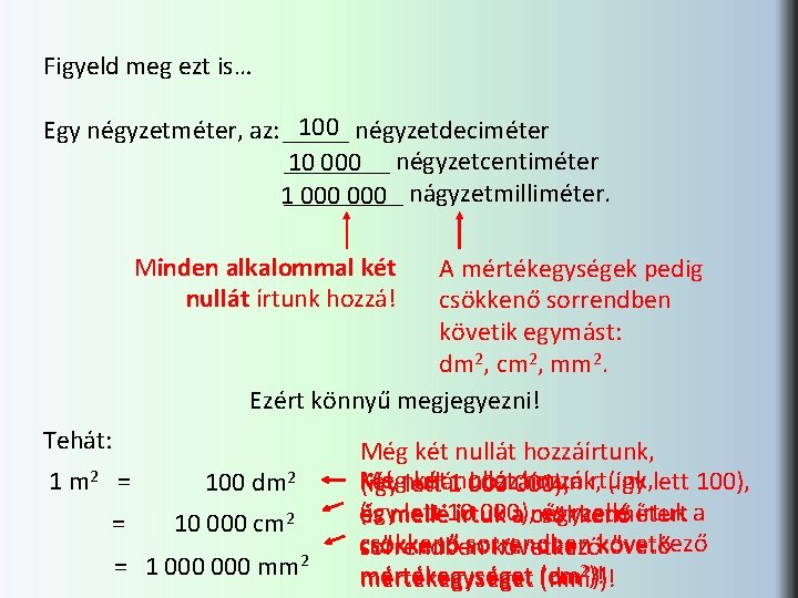 Figyeld meg ezt is… 100 Egy négyzetméter, az: _____ négyzetdeciméter ____ négyzetcentiméter 10 000 Figyeld meg ezt is… 100 Egy négyzetméter, az: _____ négyzetdeciméter ____ négyzetcentiméter 10 000