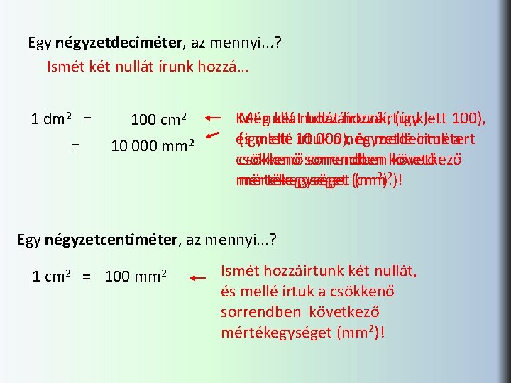 Egy négyzetdeciméter, az mennyi. . . ? Ismét két nullát írunk hozzá… 1 dm Egy négyzetdeciméter, az mennyi. . . ? Ismét két nullát írunk hozzá… 1 dm