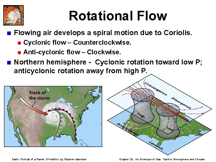 Rotational Flow < Flowing air develops a spiral motion due to Coriolis. = Cyclonic