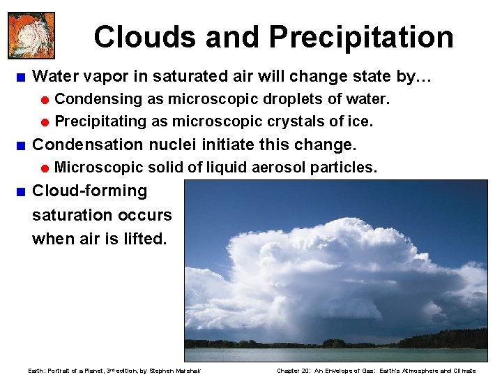 Clouds and Precipitation < Water vapor in saturated air will change state by… =