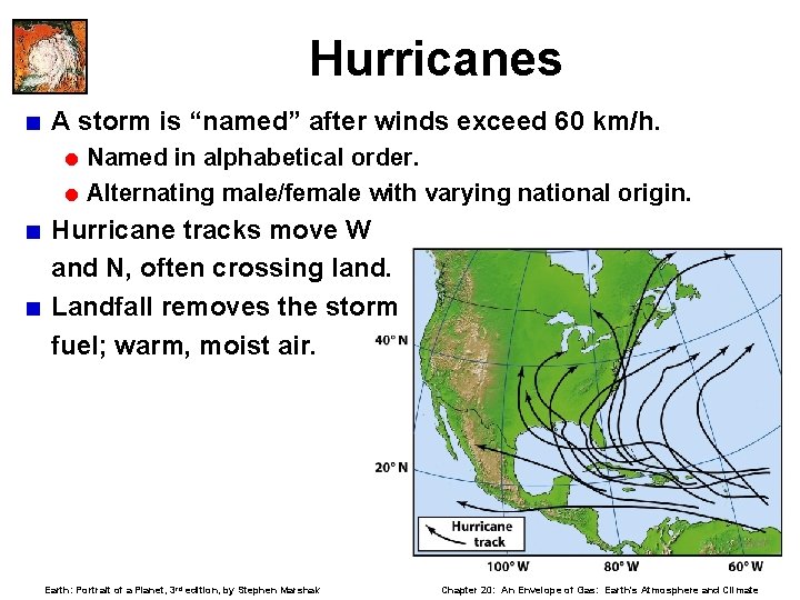 Hurricanes < A storm is “named” after winds exceed 60 km/h. = Named in