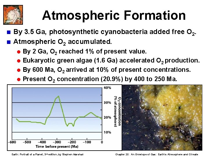 Atmospheric Formation < By 3. 5 Ga, photosynthetic cyanobacteria added free O 2. <