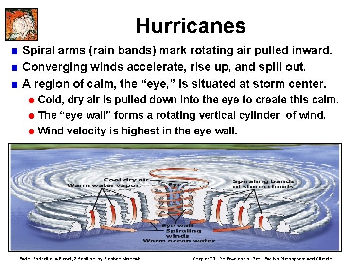 Hurricanes < Spiral arms (rain bands) mark rotating air pulled inward. < Converging winds