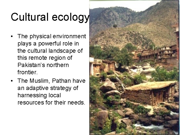 Cultural ecology • The physical environment plays a powerful role in the cultural landscape