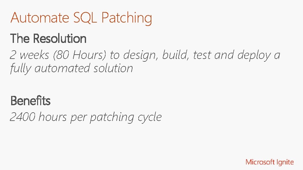 Automate SQL Patching The Resolution 2 weeks (80 Hours) to design, build, test and