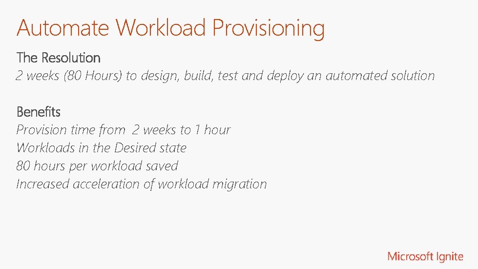 Automate Workload Provisioning The Resolution 2 weeks (80 Hours) to design, build, test and