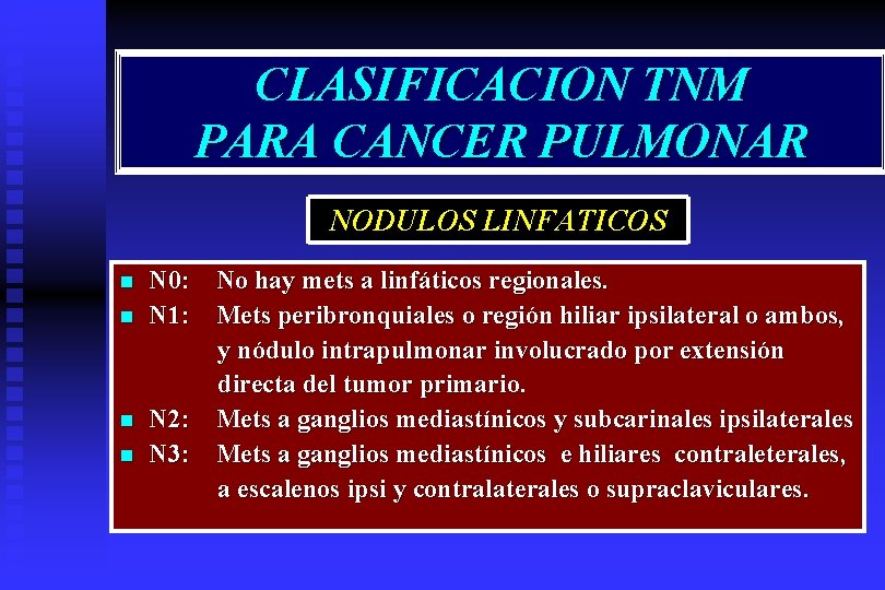 CLASIFICACION TNM PARA CANCER PULMONAR NODULOS LINFATICOS n n N 0: No hay mets