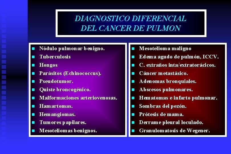 DIAGNOSTICO DIFERENCIAL DEL CANCER DE PULMON n n n Nódulo pulmonar benigno. Tuberculosis Hongos