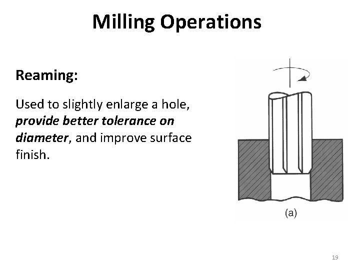 Milling Operations Reaming: Used to slightly enlarge a hole, provide better tolerance on diameter,