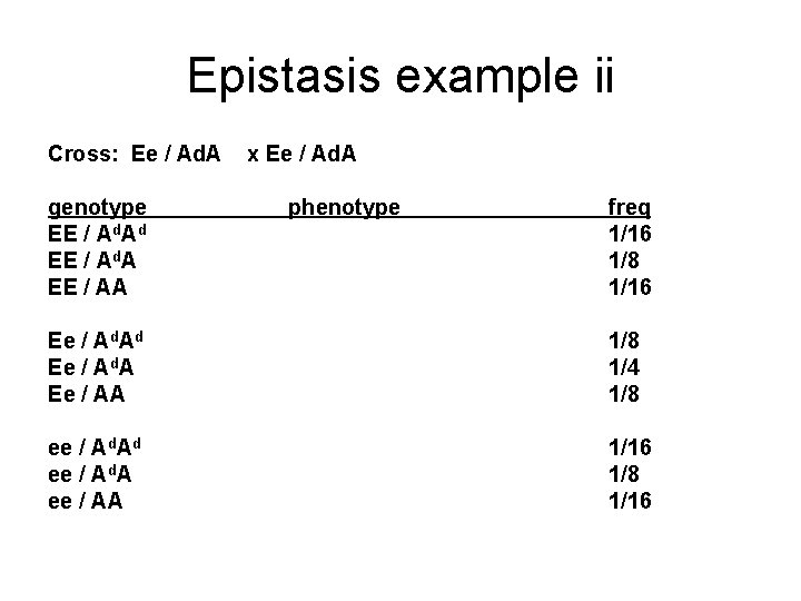 Epistasis example ii Cross: Ee / Ad. A x Ee / Ad. A genotype Epistasis example ii Cross: Ee / Ad. A x Ee / Ad. A genotype
