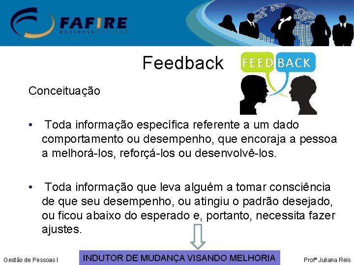 Feedback Conceituação • Toda informação específica referente a um dado comportamento ou desempenho, que
