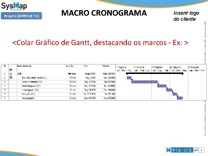 MACRO CRONOGRAMA Inserir logo do cliente Documento e conteúdo proprietários da Sys. Map Solutions. MACRO CRONOGRAMA Inserir logo do cliente Documento e conteúdo proprietários da Sys. Map Solutions.