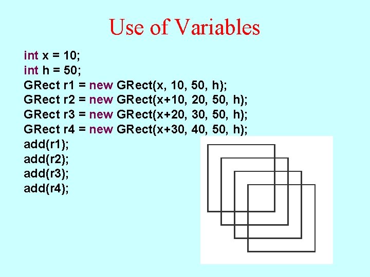 Use of Variables int x = 10; int h = 50; GRect r 1