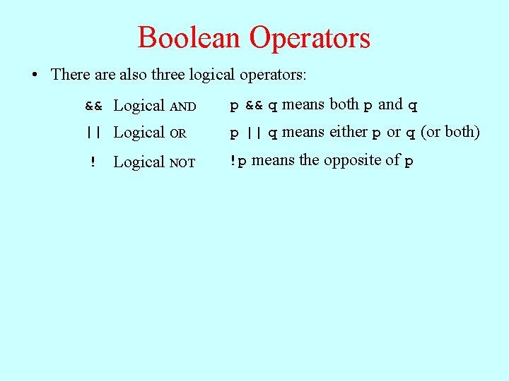 Boolean Operators • There also three logical operators: && Logical AND p && q