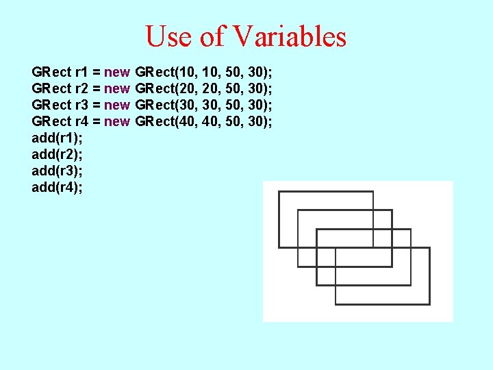 Use of Variables GRect r 1 = new GRect(10, 50, 30); GRect r 2