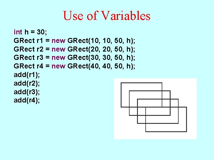 Use of Variables int h = 30; GRect r 1 = new GRect(10, 50,