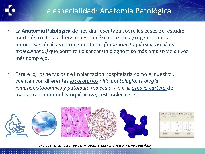 La especialidad: Anatomía Patológica • La Anatomía Patológica de hoy día, asentada sobre las