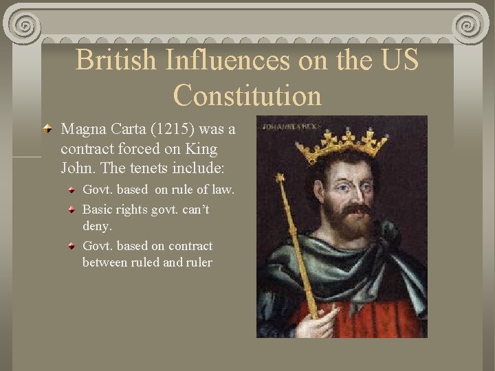 British Influences on the US Constitution Magna Carta (1215) was a contract forced on
