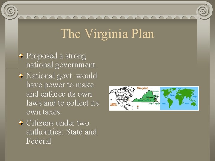 The Virginia Plan Proposed a strong national government. National govt. would have power to