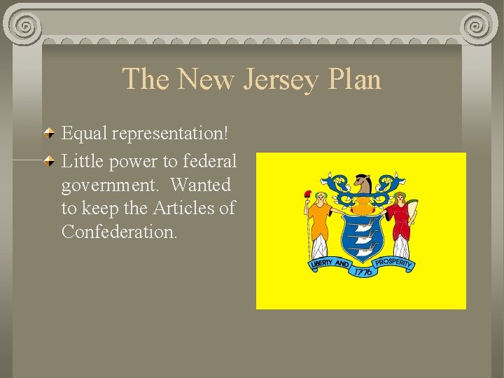 The New Jersey Plan Equal representation! Little power to federal government. Wanted to keep