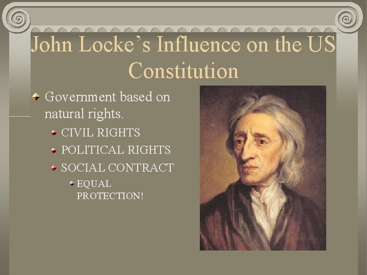 John Locke’s Influence on the US Constitution Government based on natural rights. CIVIL RIGHTS