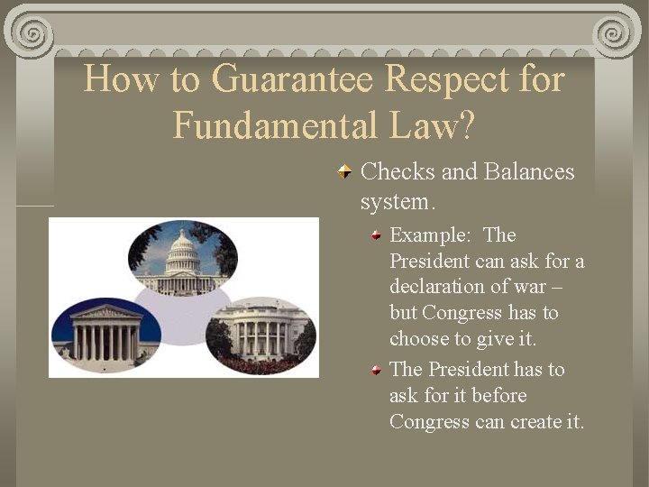 How to Guarantee Respect for Fundamental Law? Checks and Balances system. Example: The President