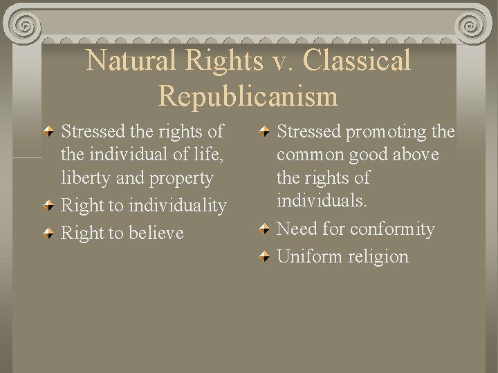 Natural Rights v. Classical Republicanism Stressed the rights of the individual of life, liberty