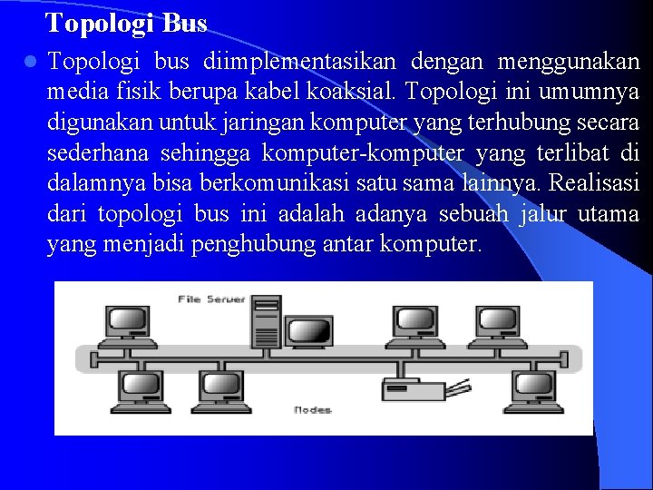  Topologi Bus l Topologi bus diimplementasikan dengan menggunakan media fisik berupa kabel koaksial.