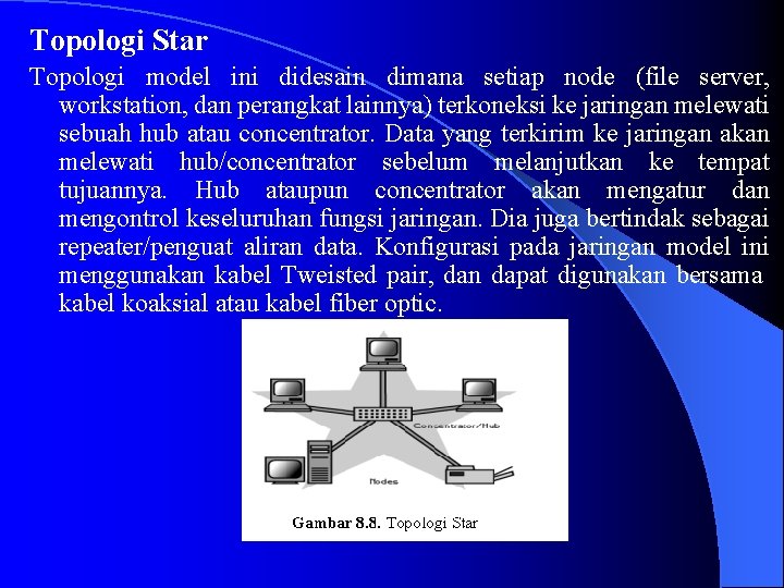 Topologi Star Topologi model ini didesain dimana setiap node (file server, workstation, dan perangkat