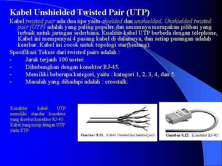 Kabel Unshielded Twisted Pair (UTP) Kabel twisted pair ada dua tipe yaitu shielded dan