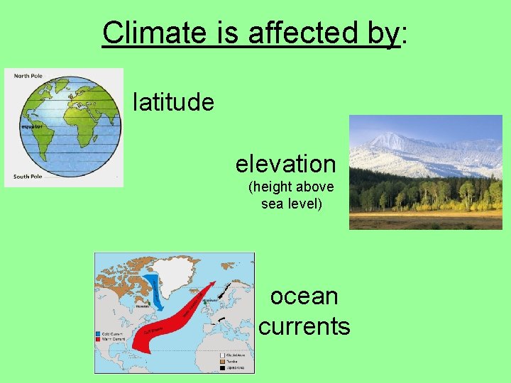 Climate is affected by: latitude elevation (height above sea level) ocean currents 