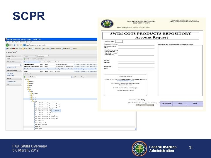 SCPR FAA SWIM Overview 5 -6 March, 2012 Federal Aviation Administration 21 