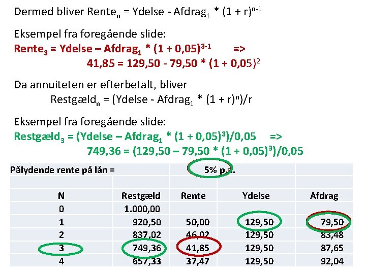 Dermed bliver Renten = Ydelse - Afdrag 1 * (1 + r)n-1 Eksempel fra