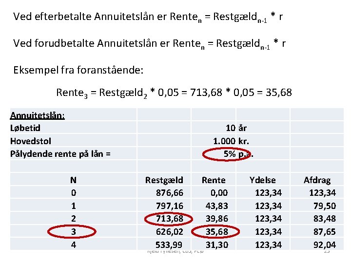 Ved efterbetalte Annuitetslån er Renten = Restgældn-1 * r Ved forudbetalte Annuitetslån er Renten Ved efterbetalte Annuitetslån er Renten = Restgældn-1 * r Ved forudbetalte Annuitetslån er Renten