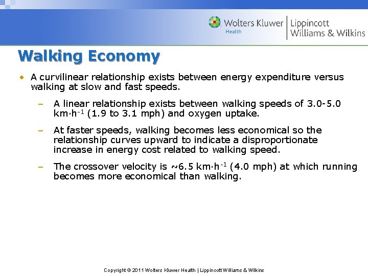 Walking Economy • A curvilinear relationship exists between energy expenditure versus walking at slow