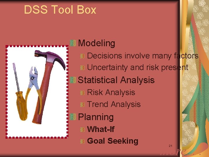 DSS Tool Box Modeling Decisions involve many factors Uncertainty and risk present Statistical Analysis