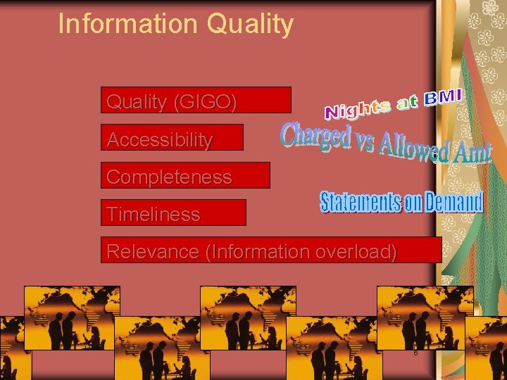 Information Quality (GIGO) Accessibility Completeness Timeliness Relevance (Information overload) 6 