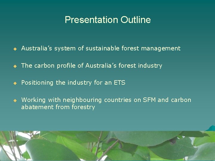 Presentation Outline u Australia’s system of sustainable forest management u The carbon profile of Presentation Outline u Australia’s system of sustainable forest management u The carbon profile of