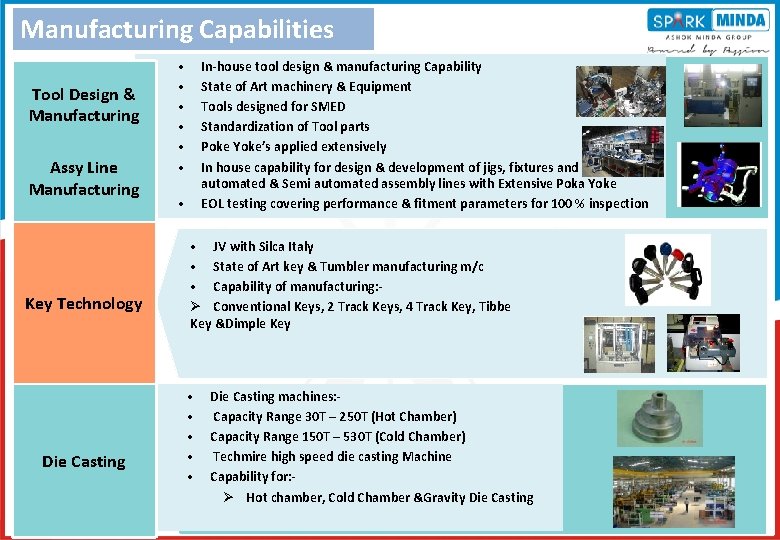 Manufacturing Capabilities Tool Design & Manufacturing Assy Line Manufacturing Key Technology Die Casting •