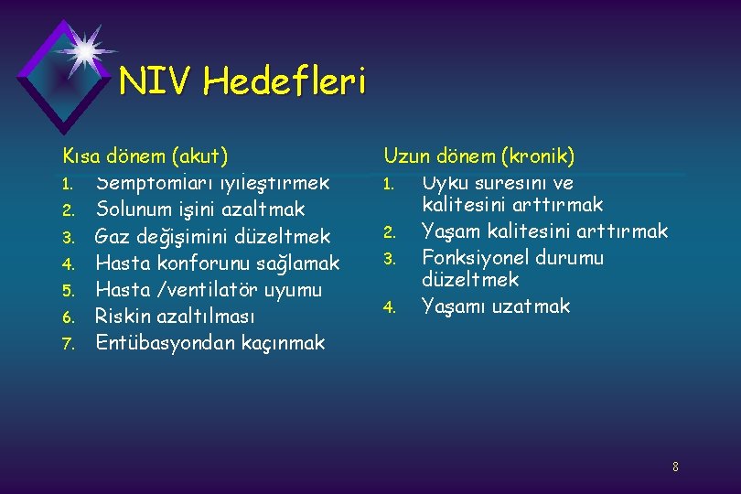 NIV Hedefleri Kısa dönem (akut) 1. Semptomları iyileştirmek 2. Solunum işini azaltmak 3. Gaz