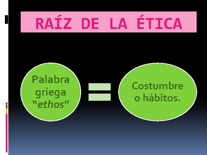 RAÍZ DE LA ÉTICA Palabra griega “ethos” Costumbre o hábitos. RAÍZ DE LA ÉTICA Palabra griega “ethos” Costumbre o hábitos.