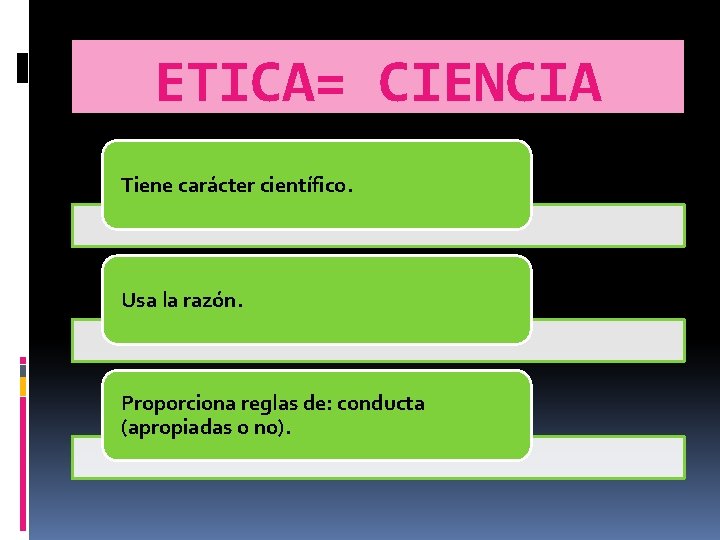 ETICA= CIENCIA Tiene carácter científico. Usa la razón. Proporciona reglas de: conducta (apropiadas o ETICA= CIENCIA Tiene carácter científico. Usa la razón. Proporciona reglas de: conducta (apropiadas o
