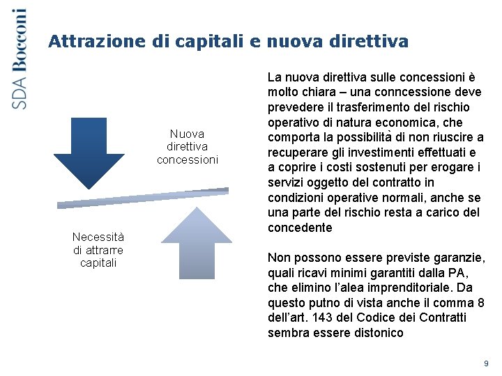 Attrazione di capitali e nuova direttiva Nuova direttiva concessioni Necessità di attrarre capitali La