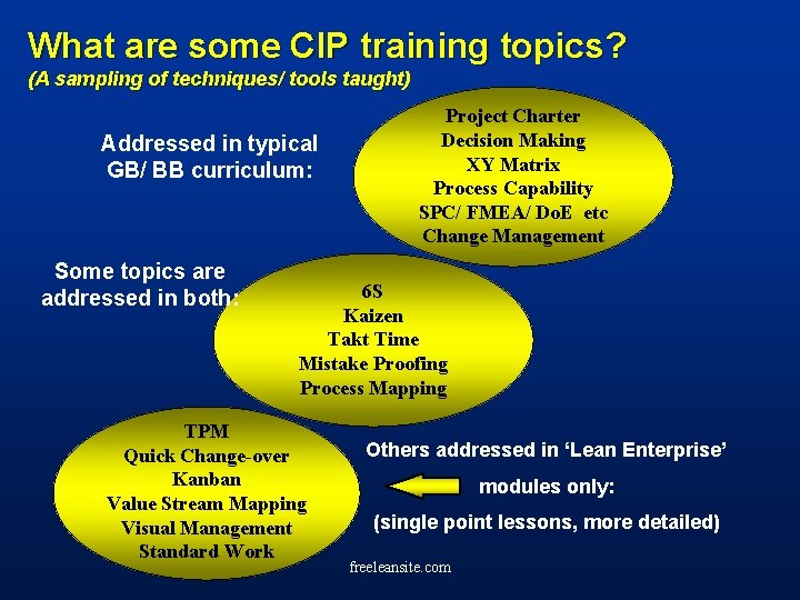 What are some CIP training topics? (A sampling of techniques/ tools taught) Addressed in