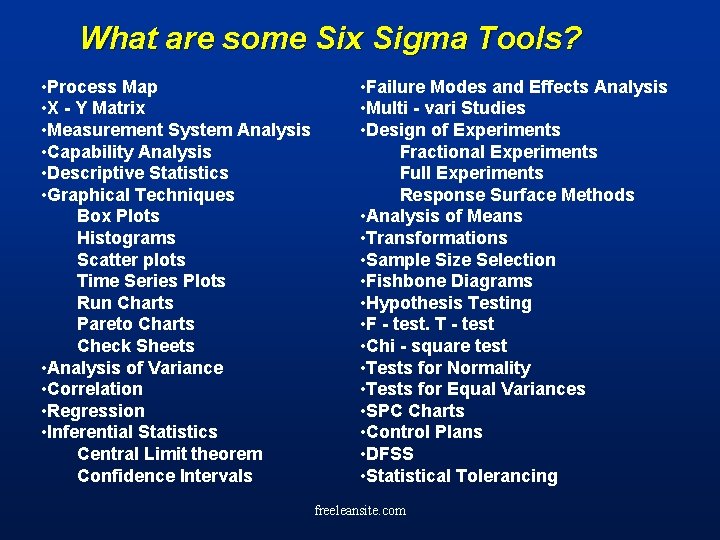What are some Six Sigma Tools? • Process Map • X - Y Matrix