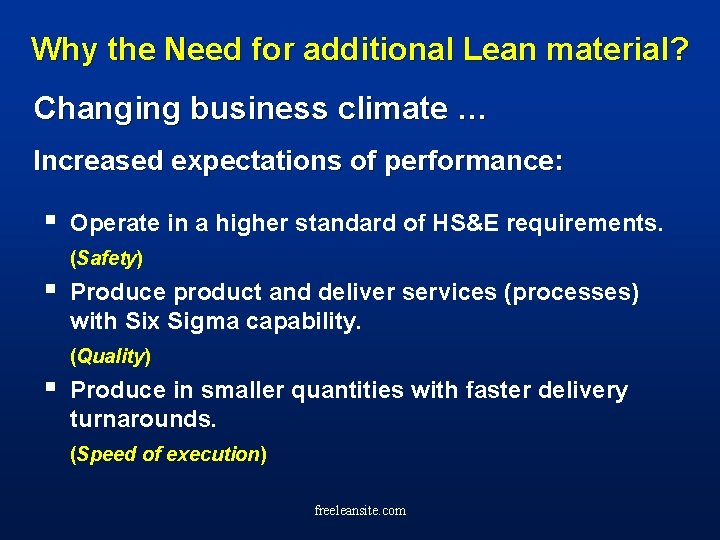 Why the Need for additional Lean material? Changing business climate … Increased expectations of